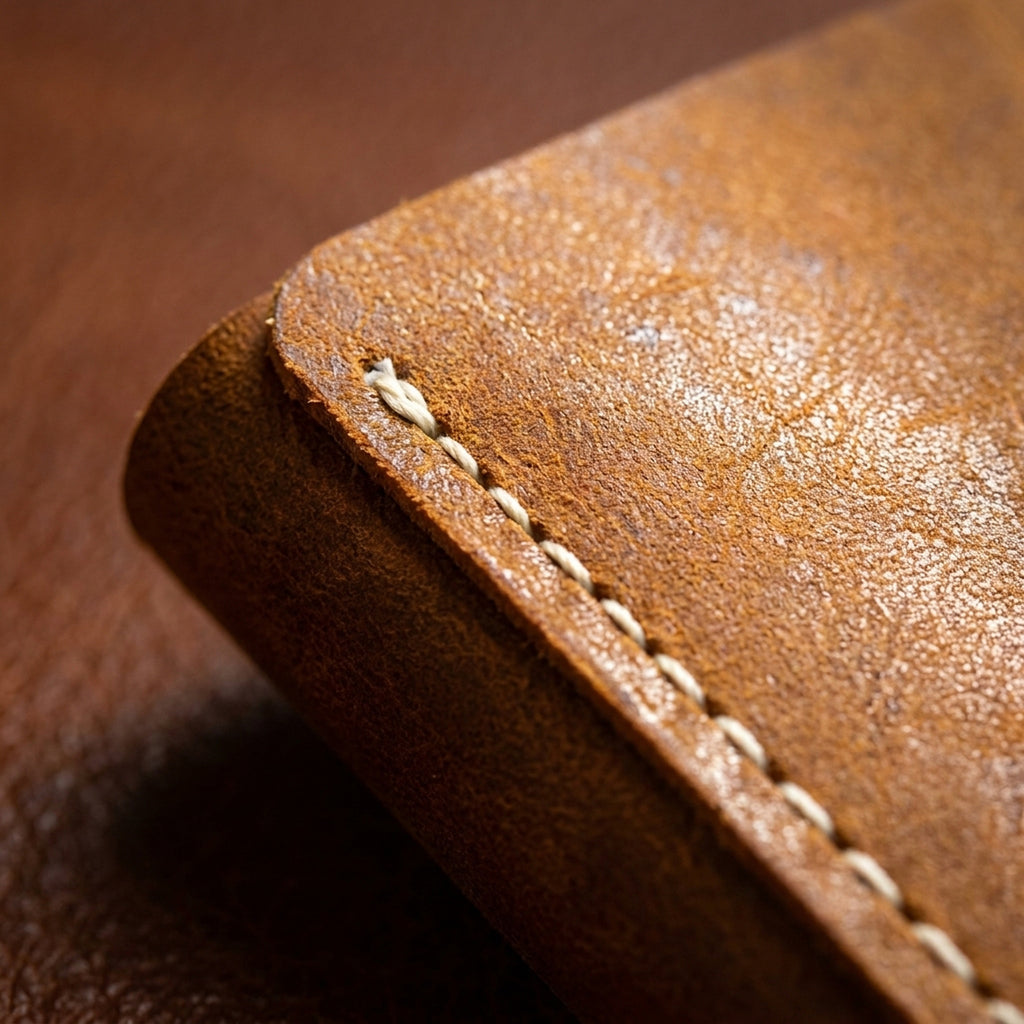 Macro detail of The Drifter: the burnished edge, white contrast saddle stitching and distressed tan Crazy Horse grain