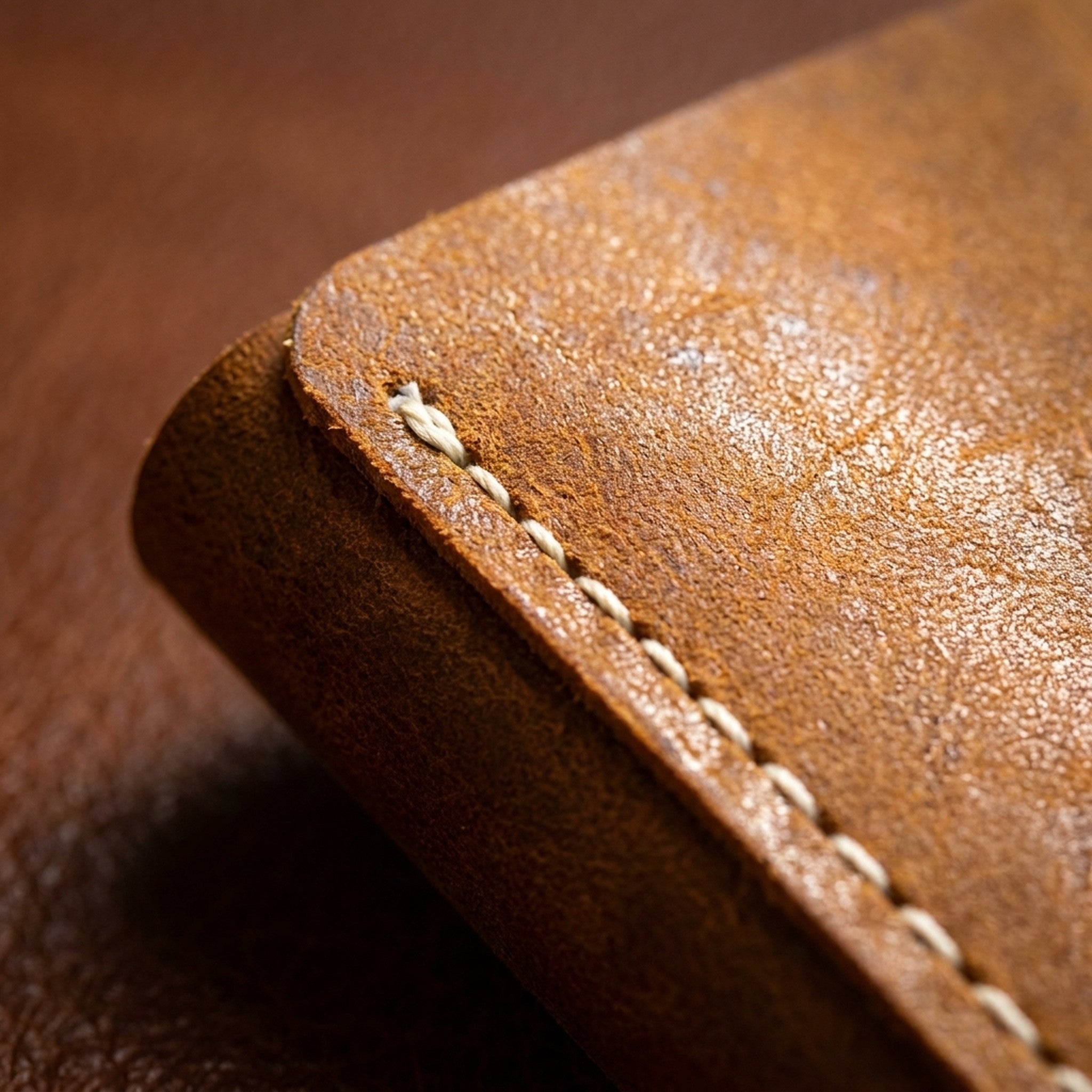 Macro detail of The Drifter: the burnished edge, white contrast saddle stitching and distressed tan Crazy Horse grain