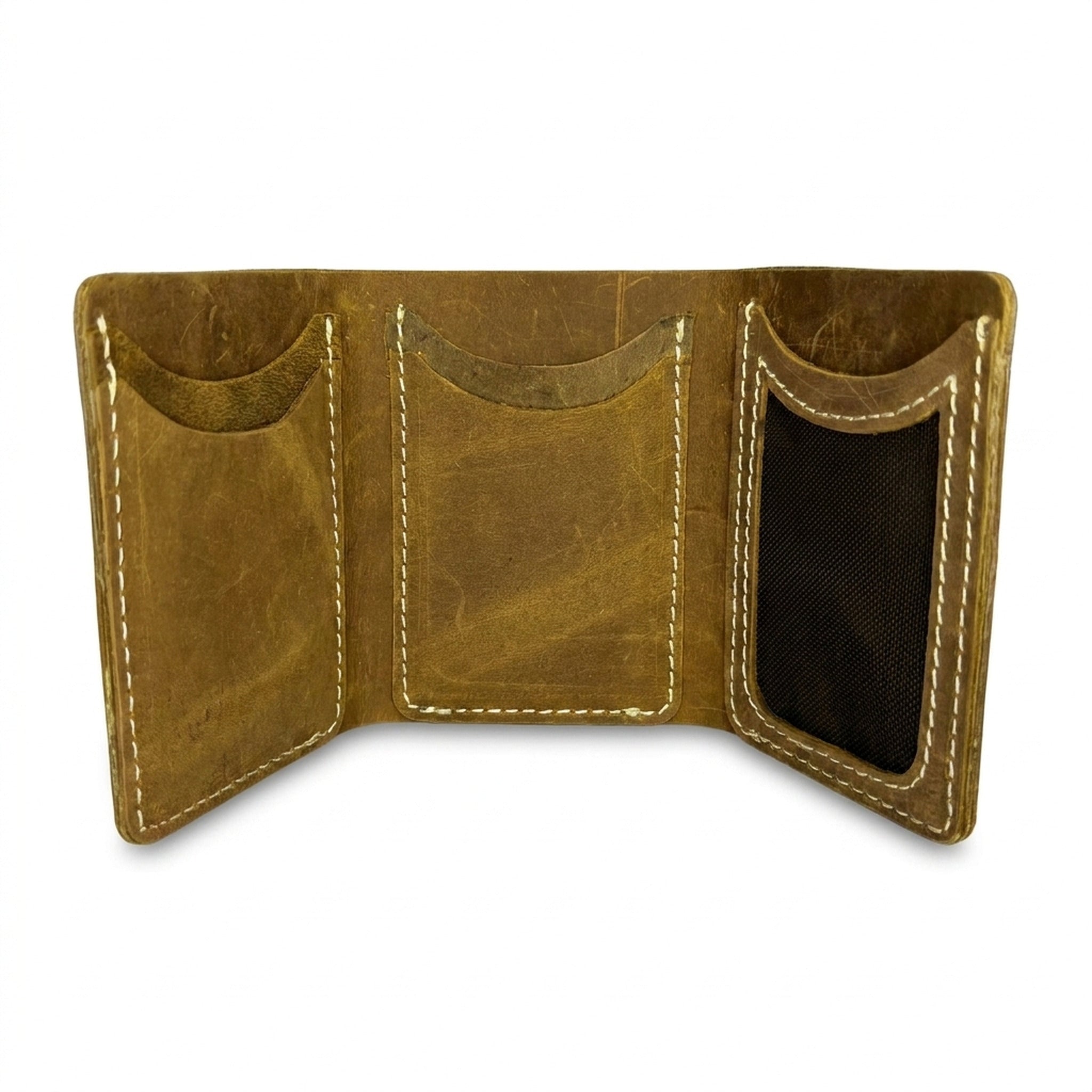 The Drifter opened flat, showing three panels with two curved card pockets and a card-sized mesh pocket on the right