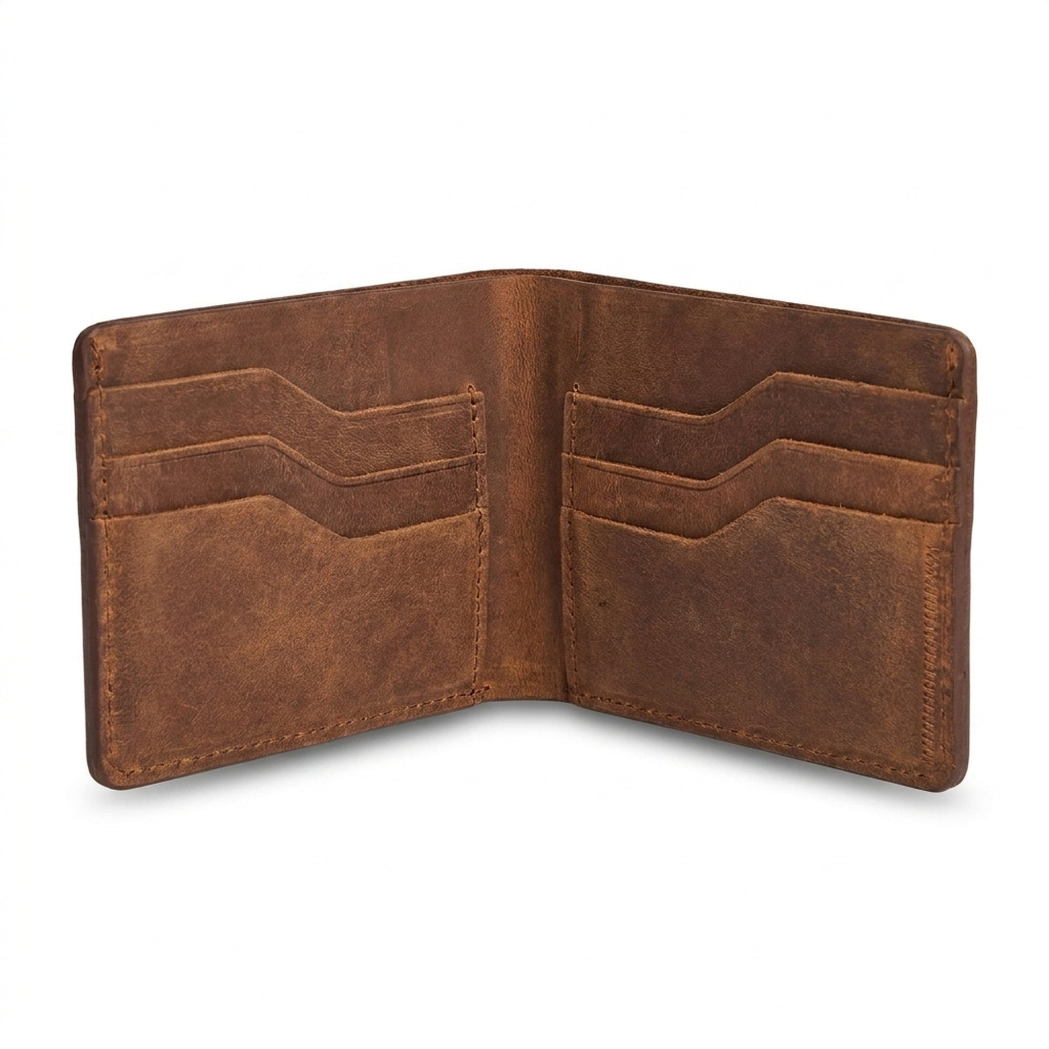 The Drover opened in warm brown Crazy Horse, showing three card slots on each inner panel