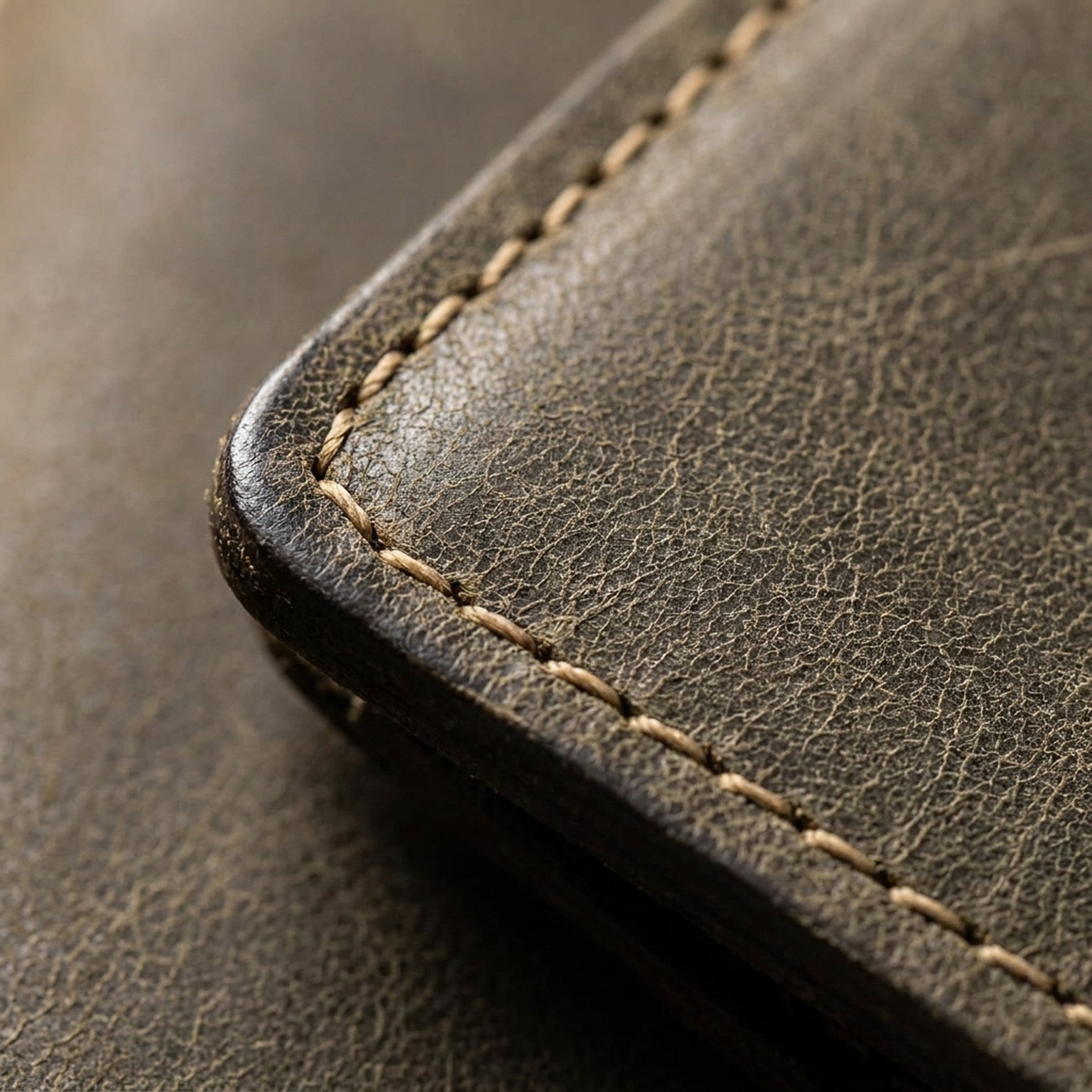 Macro detail of The Foreman: the burnished edge, sand contrast stitching and olive Crazy Horse grain