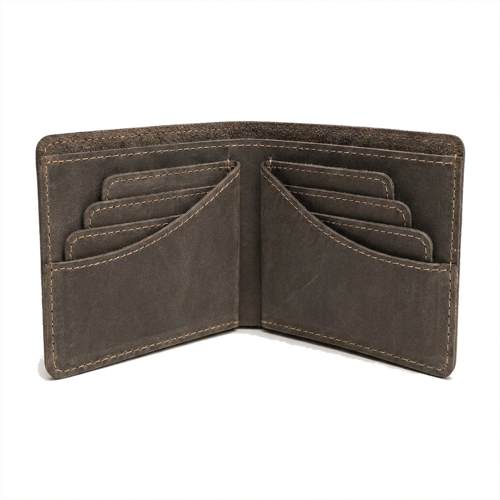 The Foreman opened flat in dark grey-brown Crazy Horse, showing four card slots on each inner panel