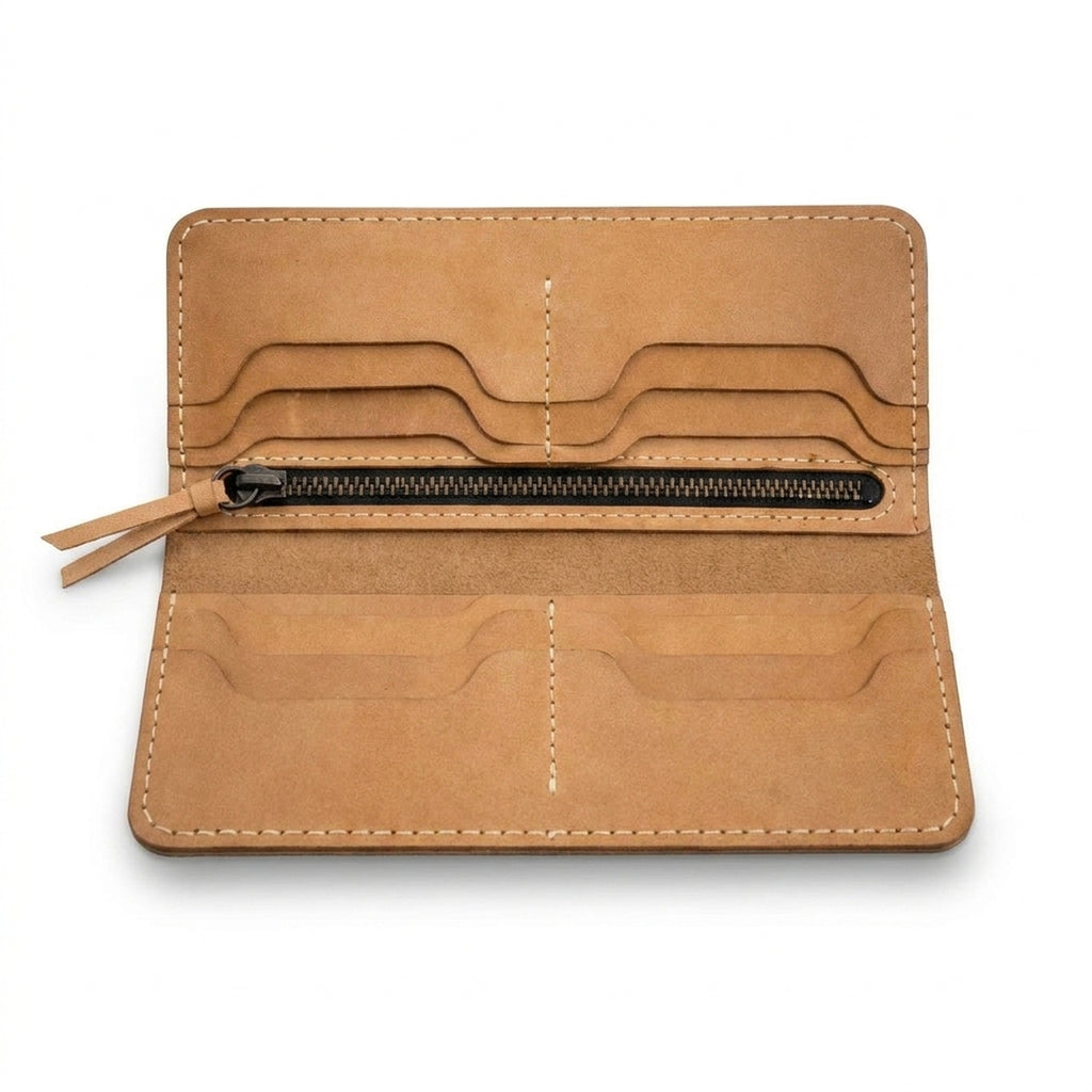 The Ledger opened flat in natural beige Crazy Horse, showing the card slots and the zipped centre pocket