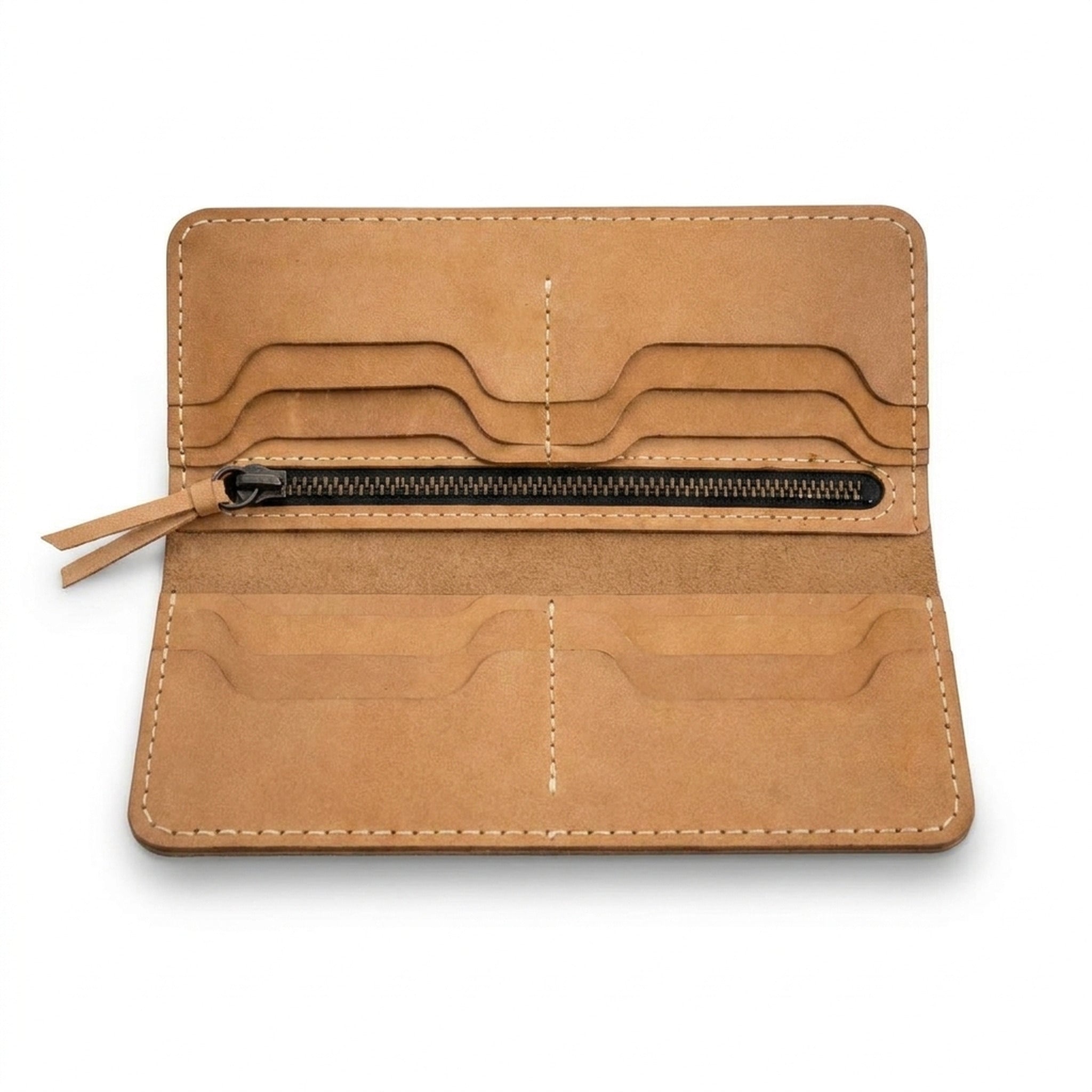 The Ledger opened flat in natural beige Crazy Horse, showing the card slots and the zipped centre pocket