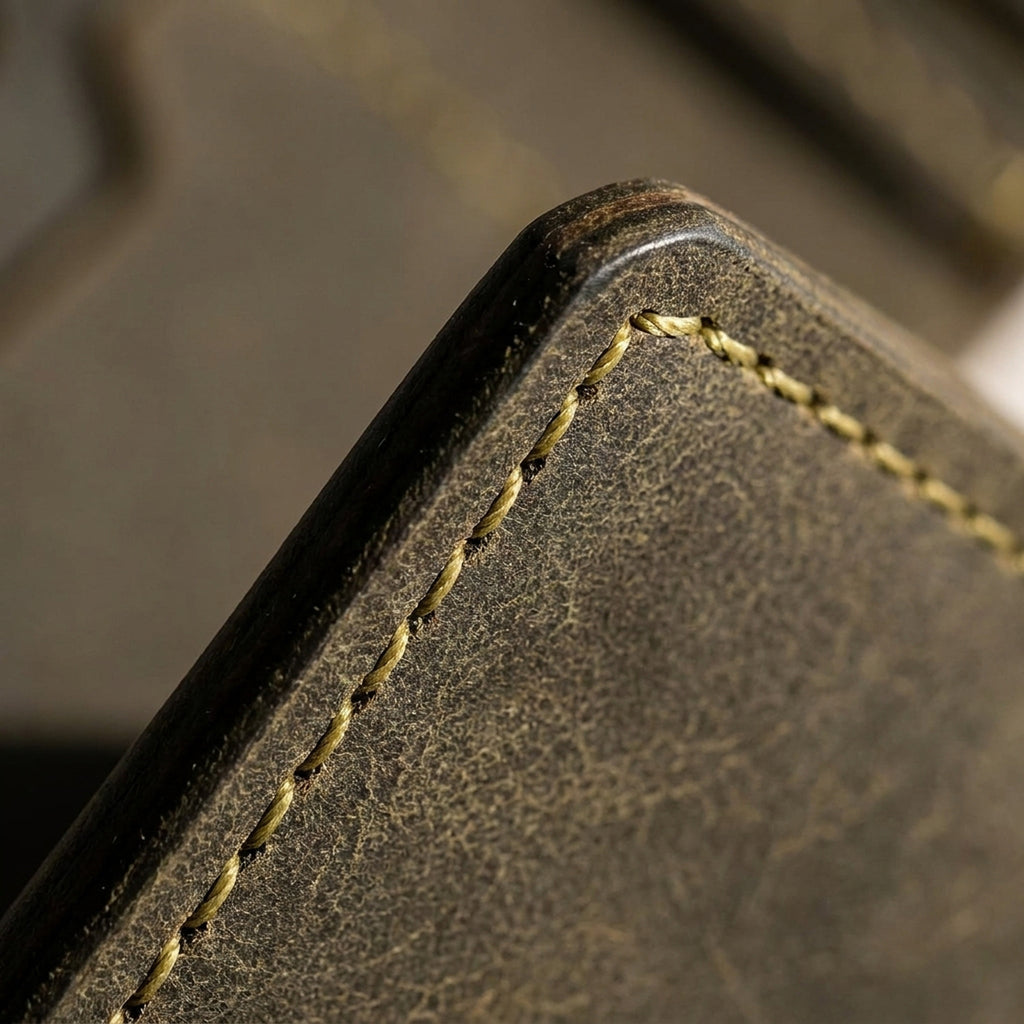 Macro detail of The Purser: the burnished edge, yellow-green waxed saddle stitching and dark olive Crazy Horse grain