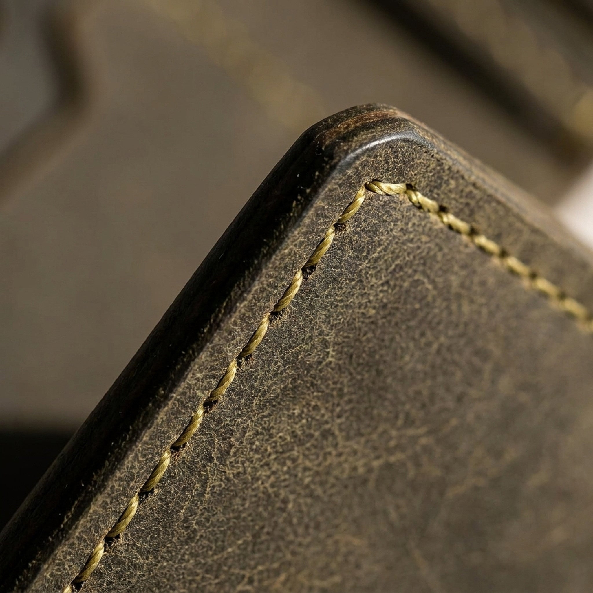 Macro detail of The Purser: the burnished edge, yellow-green waxed saddle stitching and dark olive Crazy Horse grain