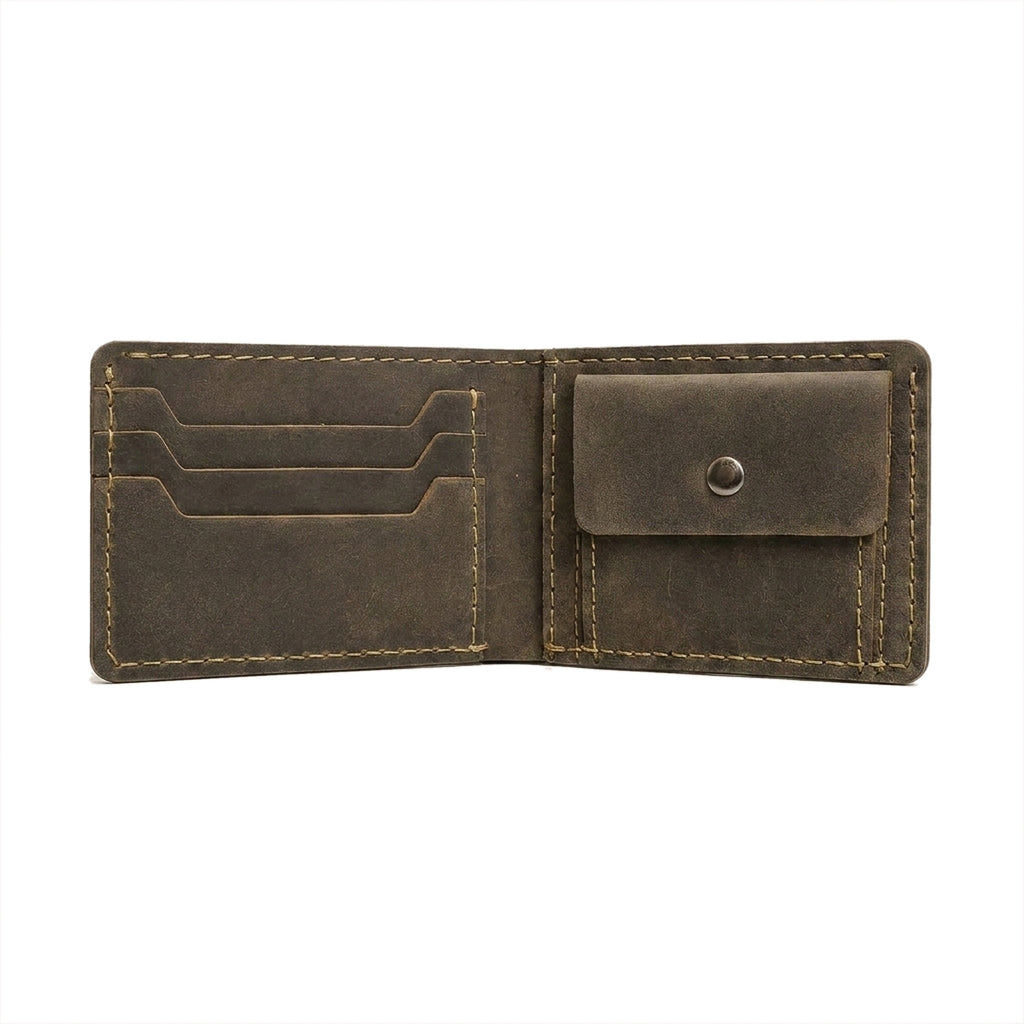 The Purser open flat, showing three card slots on the left and the coin pocket with its press stud on the right