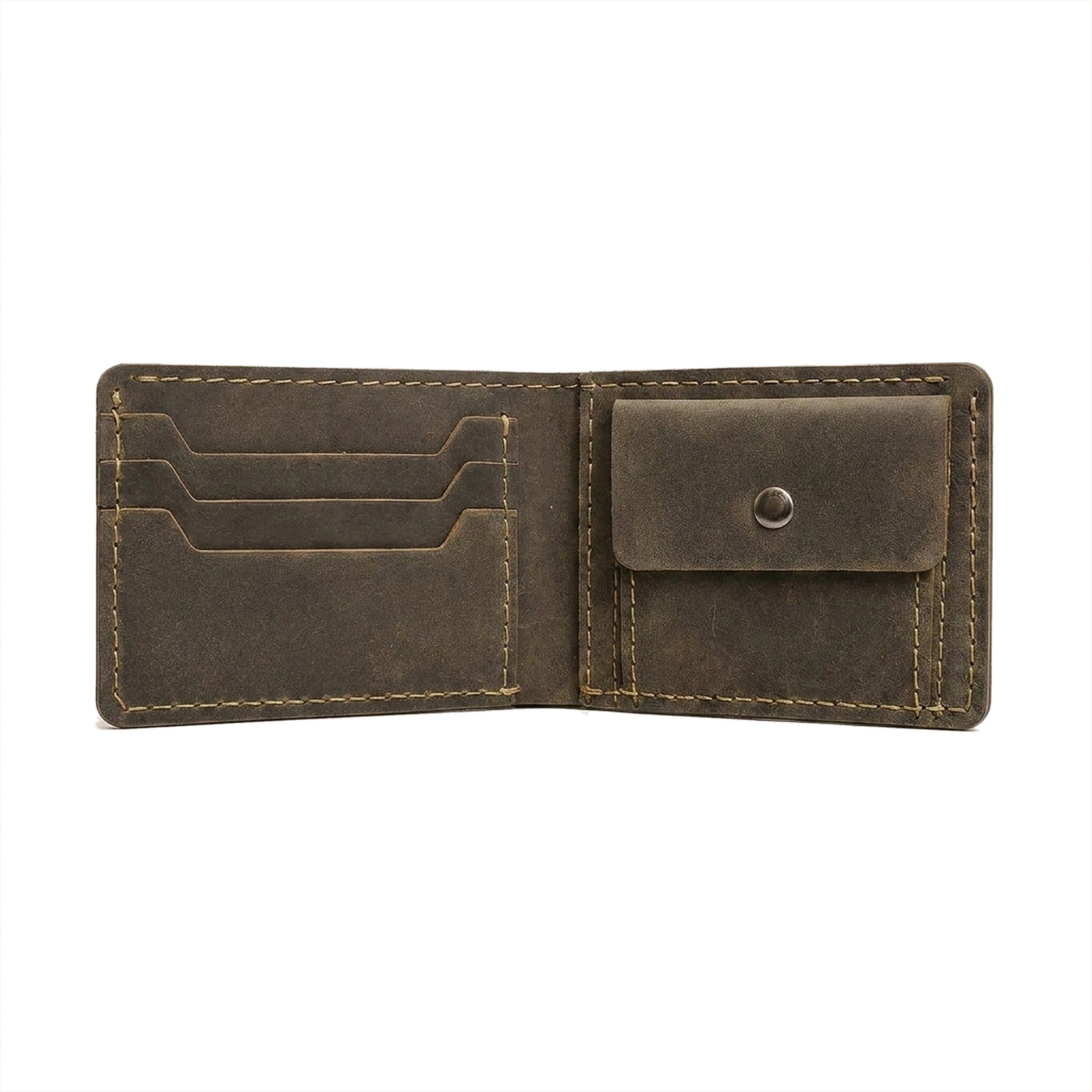 The Purser open flat, showing three card slots on the left and the coin pocket with its press stud on the right