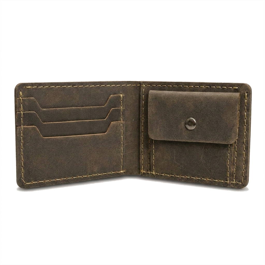 The Purser opened flat in olive-brown Crazy Horse, showing three card slots and the press-stud coin pocket