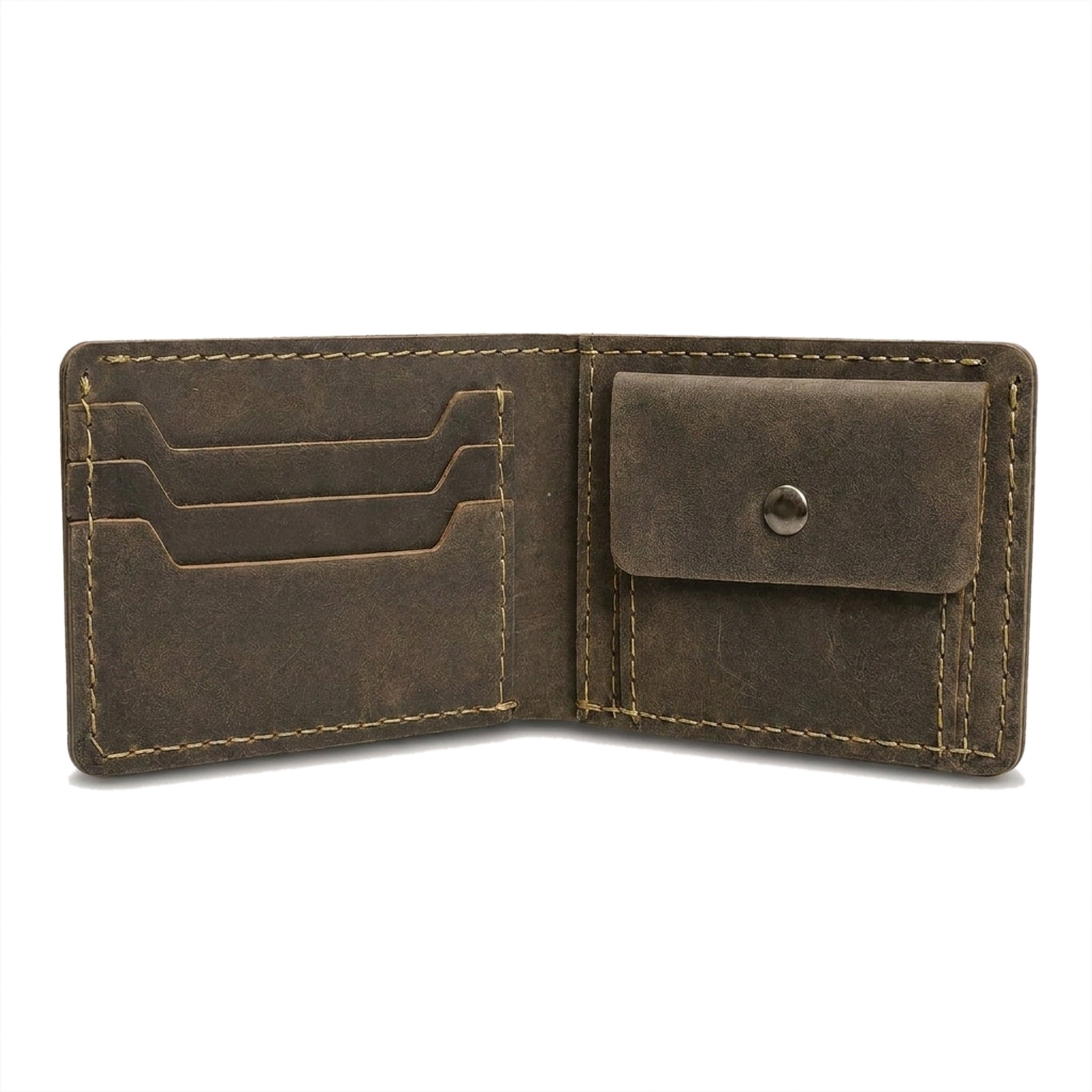 The Purser opened flat in olive-brown Crazy Horse, showing three card slots and the press-stud coin pocket
