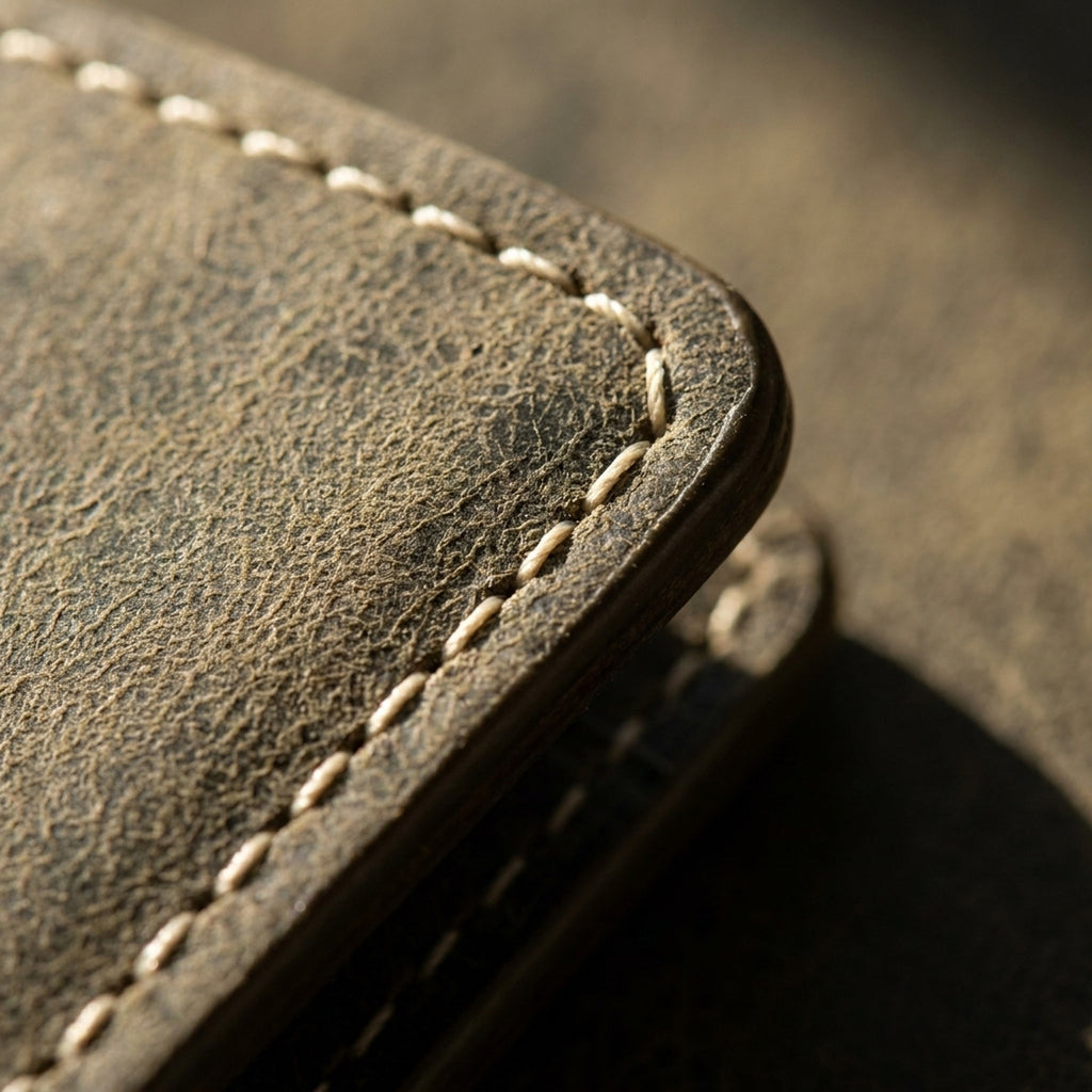 Macro detail of The Ranger: the burnished edge, cream contrast stitching and distressed olive Crazy Horse grain