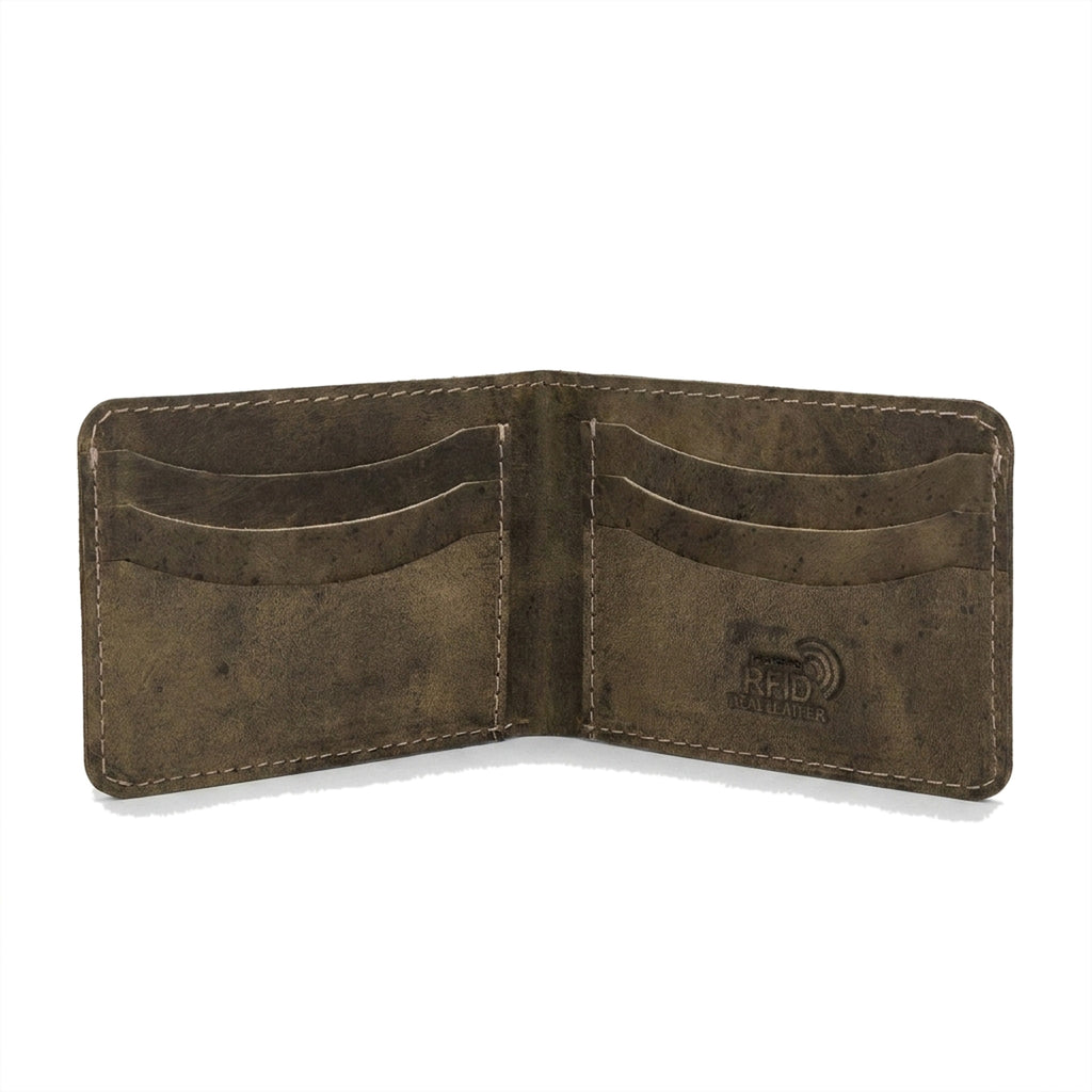 The Ranger opened flat in distressed olive Crazy Horse, showing three card slots on each inner panel and the RFID shielding stamp