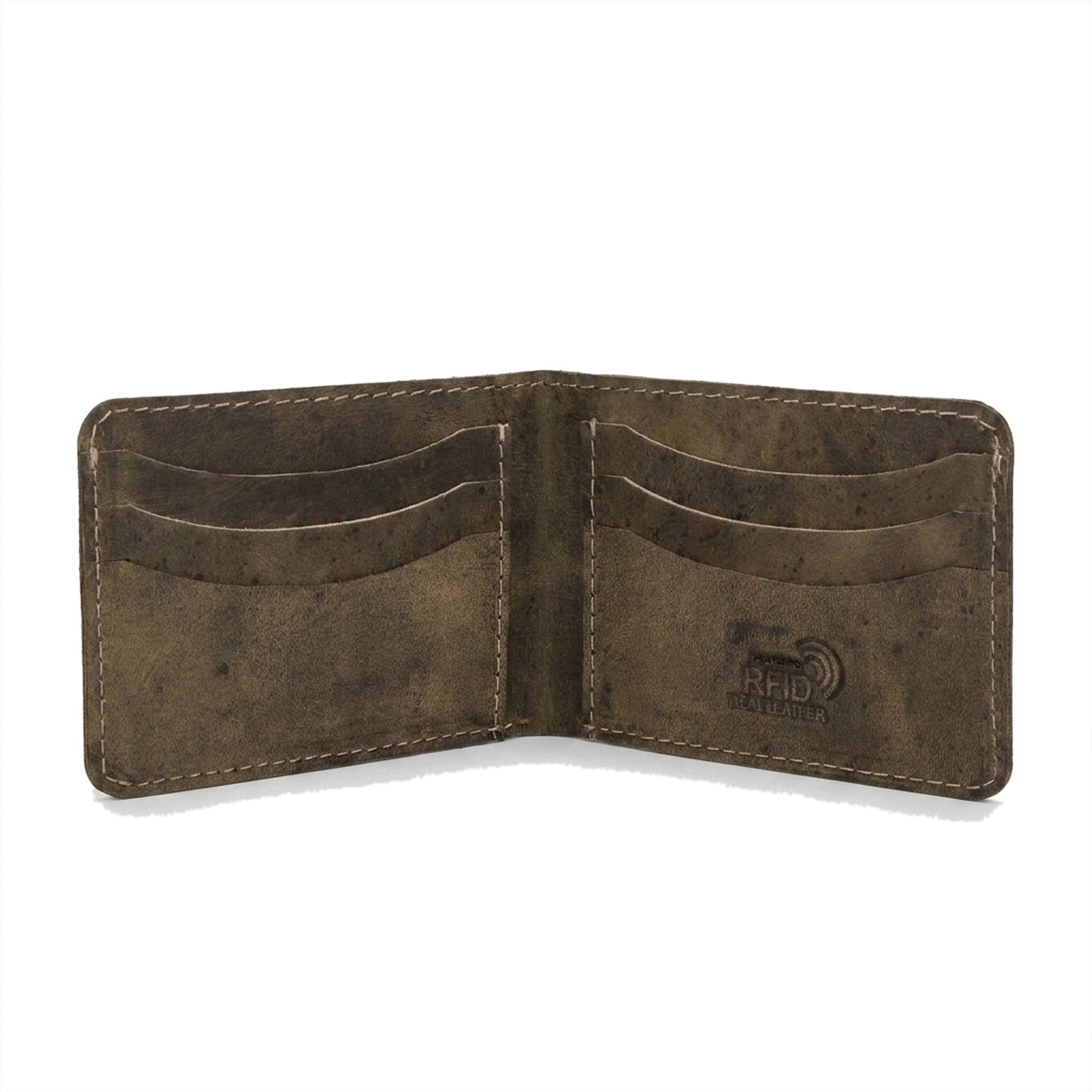 The Ranger opened flat in distressed olive Crazy Horse, showing three card slots on each inner panel and the RFID shielding stamp