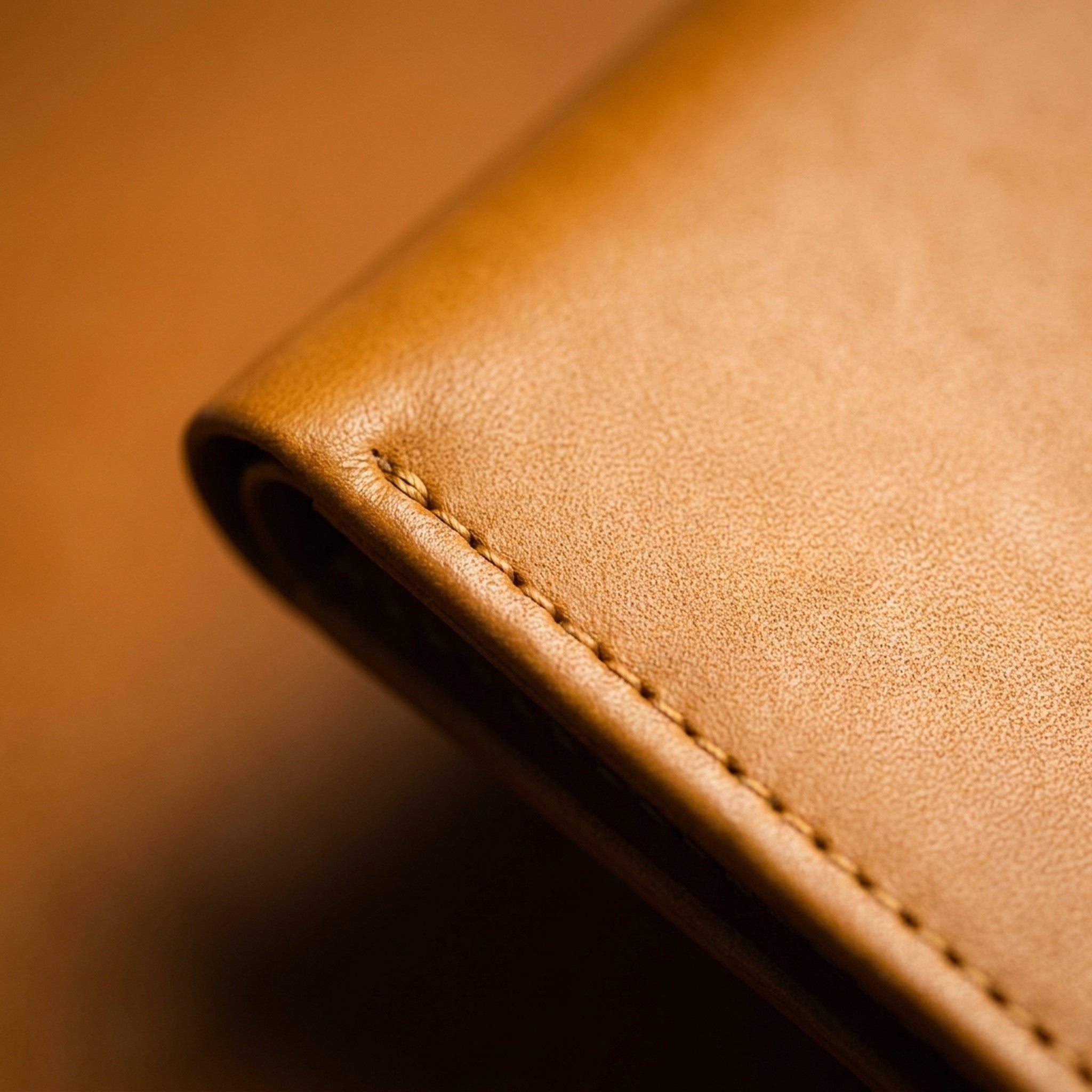 Macro detail of The Saddle: the burnished edge, tonal stitch line and smooth tan finished leather