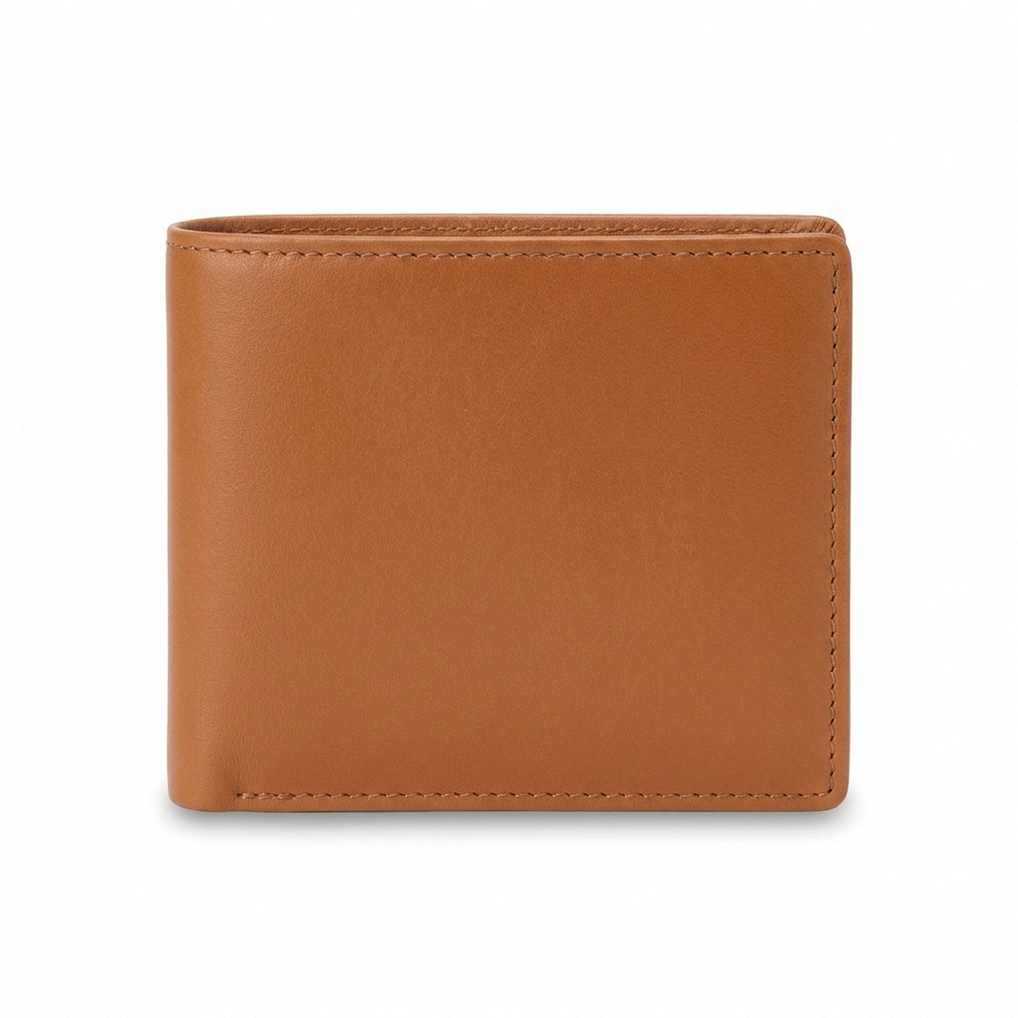 The Saddle folded closed in smooth tan finished leather with tonal stitching