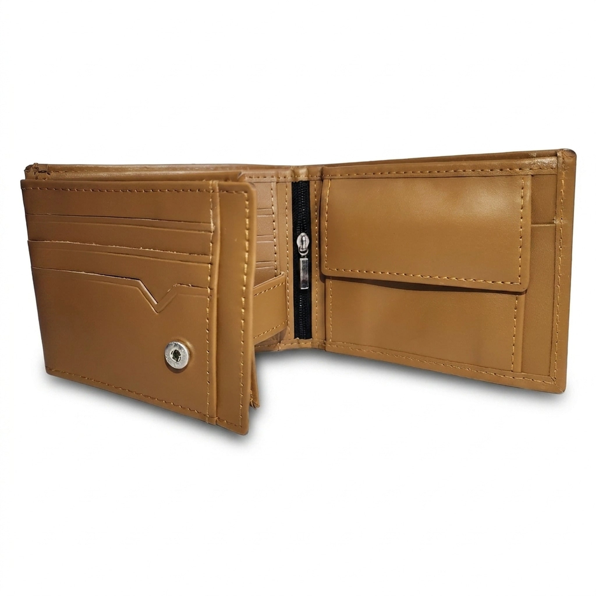 The Saddle opened flat in smooth tan finished leather, showing the layered card slots, the zipped centre compartment and the press-stud coin pocket