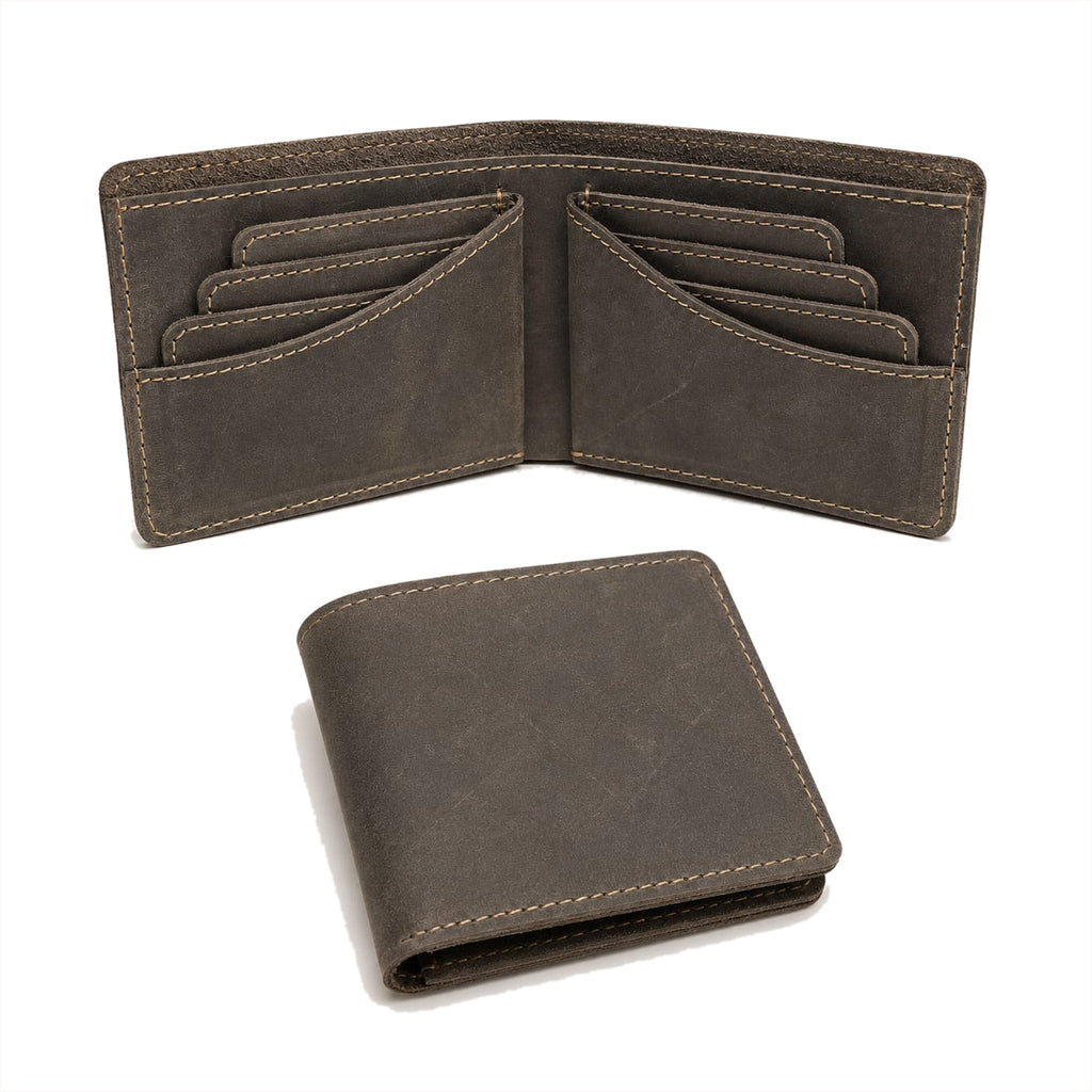 The Foreman bifold wallet in olive Crazy Horse leather, shown open with eight card slots and closed alongside