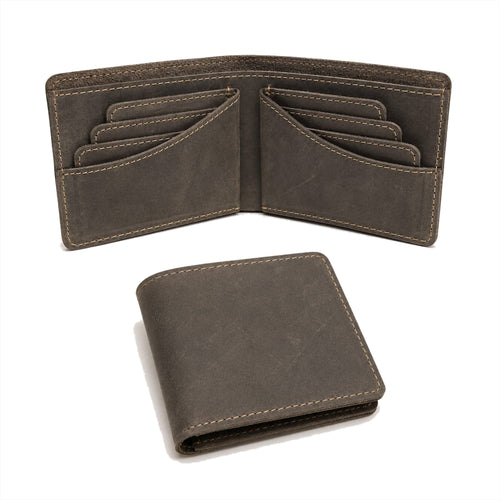 The Foreman bifold wallet in olive Crazy Horse leather, shown open with eight card slots and closed alongside