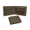 The Purser bifold wallet in dark olive Crazy Horse leather, shown open with a button coin pocket and closed alongside