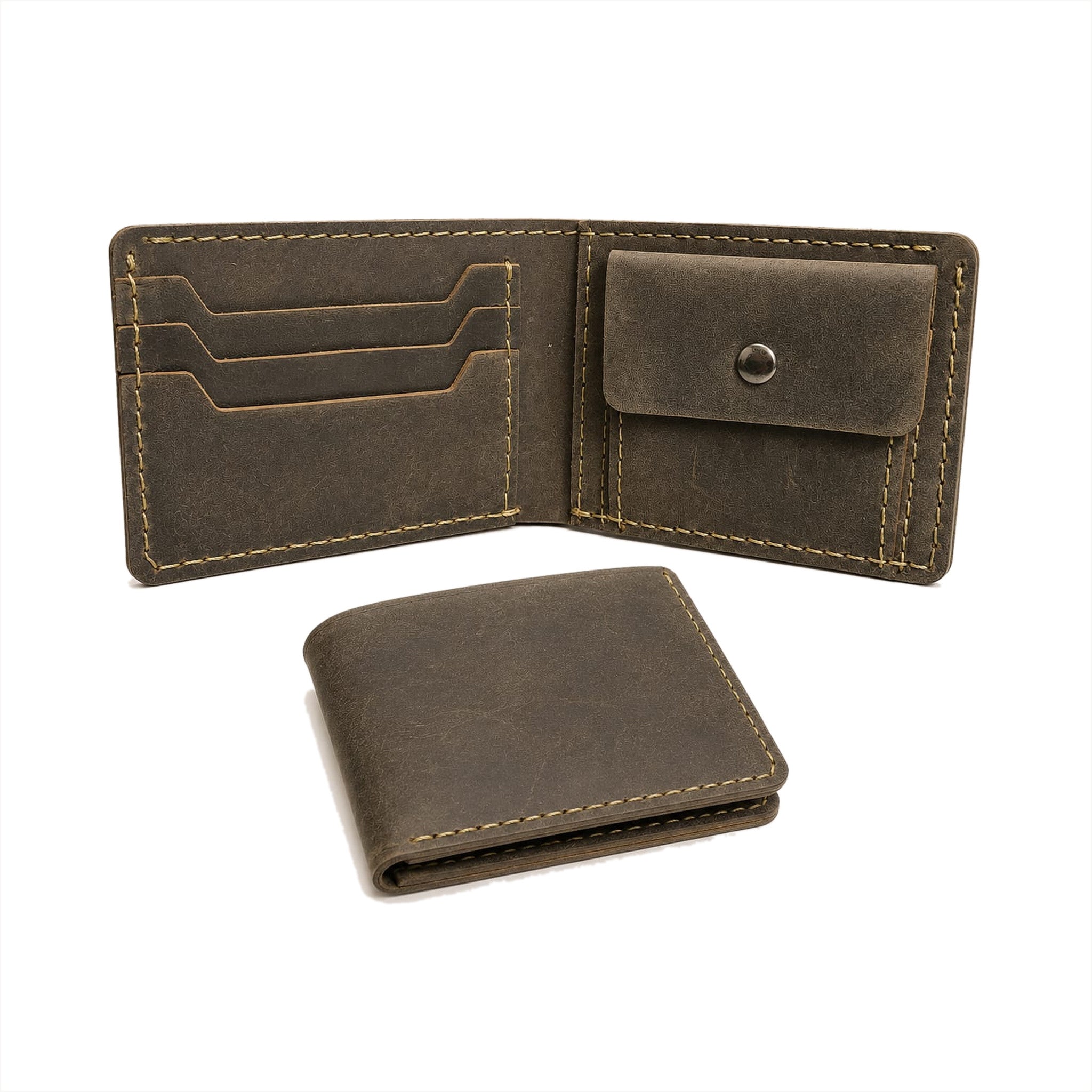 The Purser bifold wallet in dark olive Crazy Horse leather, shown open with a button coin pocket and closed alongside