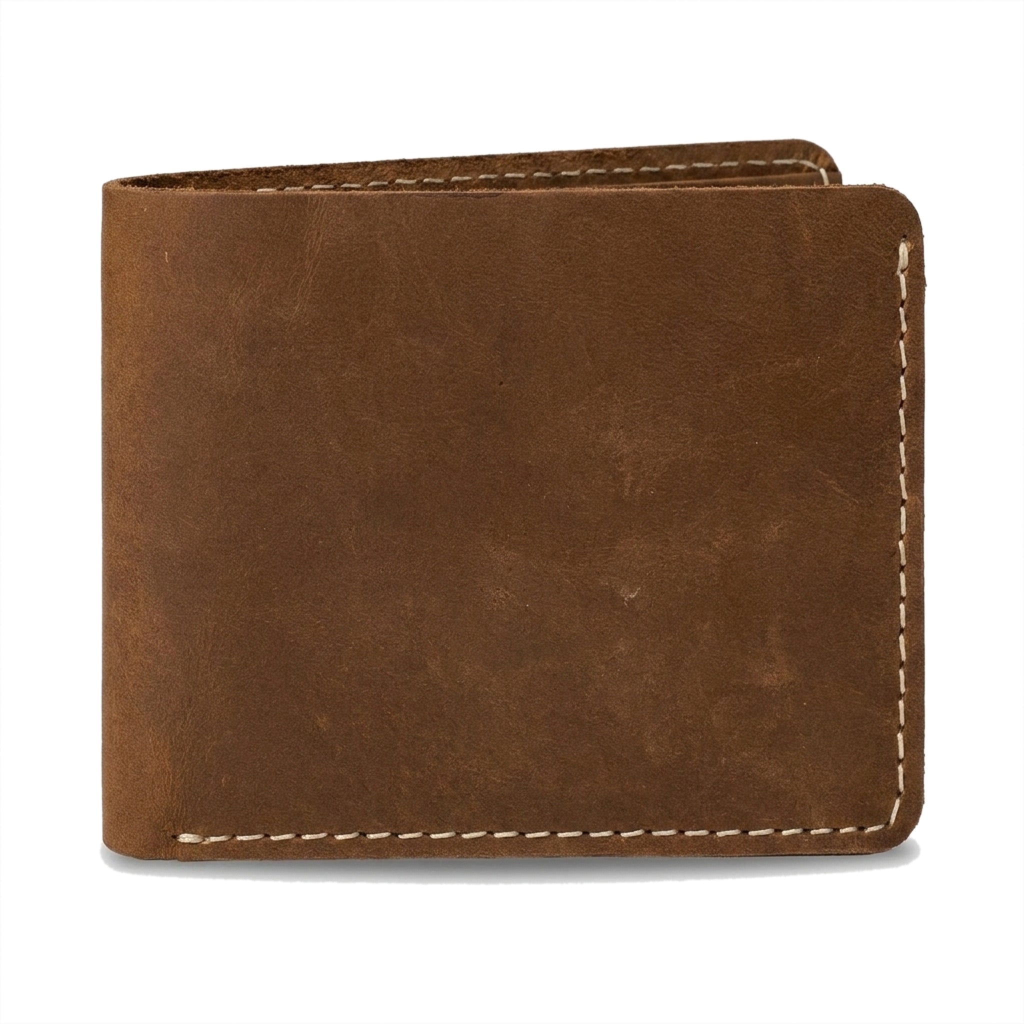 The Warden folded closed in warm brown Crazy Horse leather with cream contrast stitching