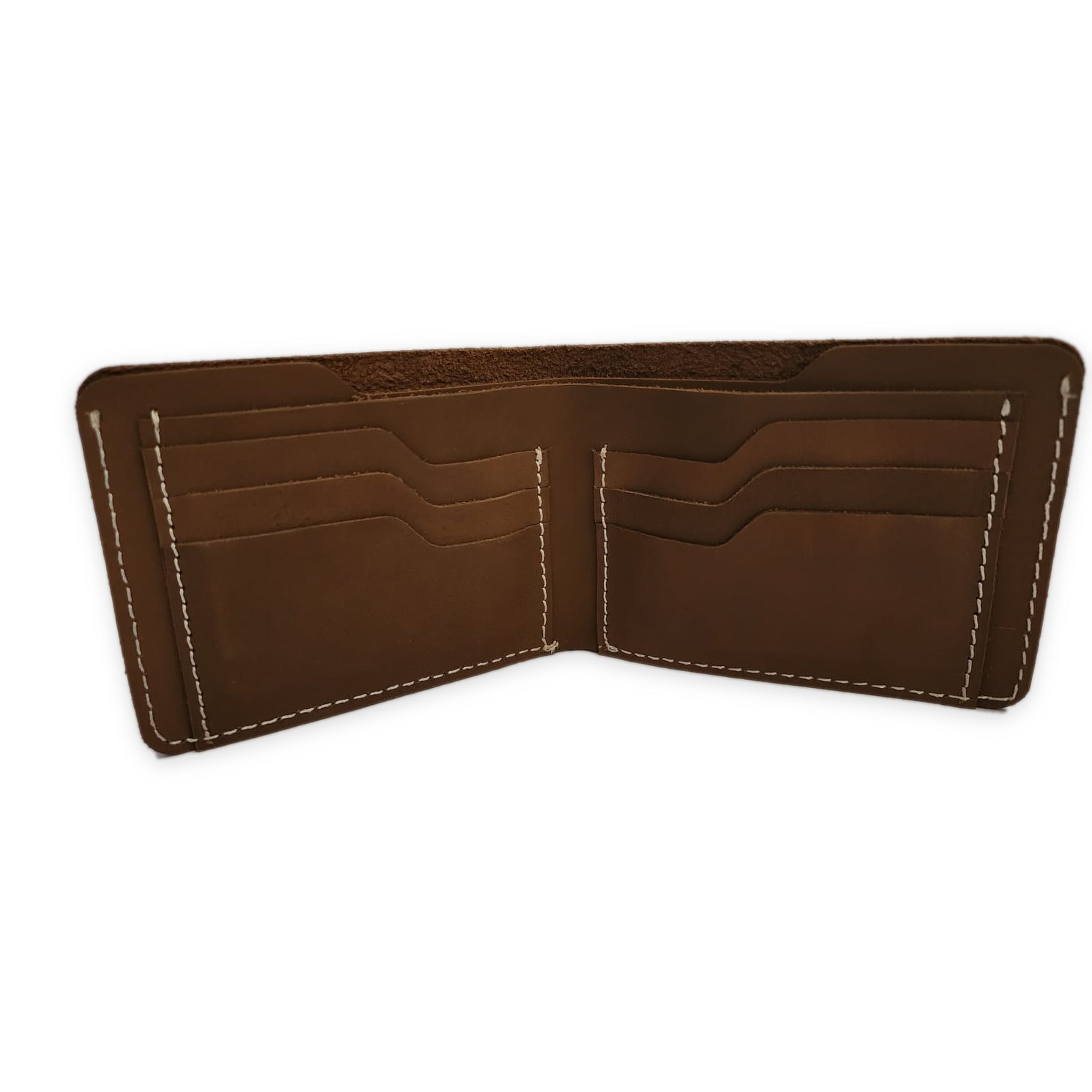 The Warden opened flat, showing three card slots on each inner panel, in warm brown Crazy Horse leather with cream contrast stitching